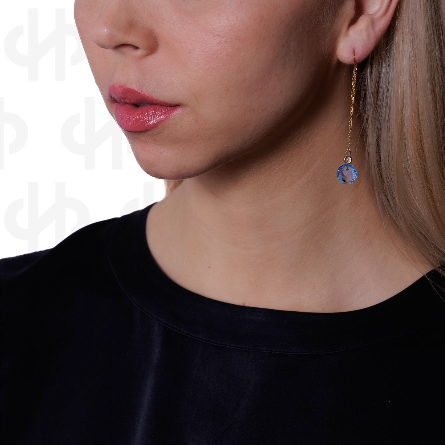 Gold thread earrings with aquamarine and rock crystal