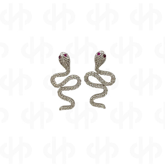 Snake Earrings with White Cubic Zirconia, ruby eyes