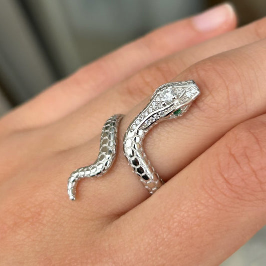 Silver Snake Spiral Ring with Cubic Zirconia