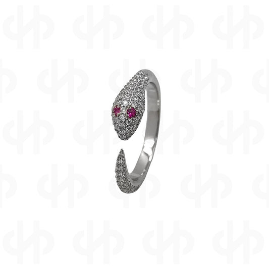 Silver Snake Ring with White Cube Zirconia, Ruby Eyes