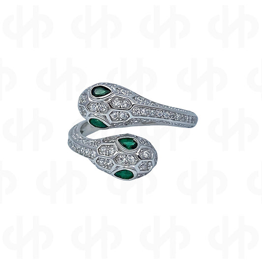 Silver Contrarié Ring with 2 Snakes, Emerald Eyes