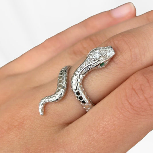 Silver Snake Spiral Ring with Cubic Zirconia