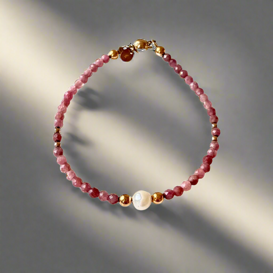 The Gold Collection Bracelet | Rhodonite Rose Quartz, Fresh water pearl