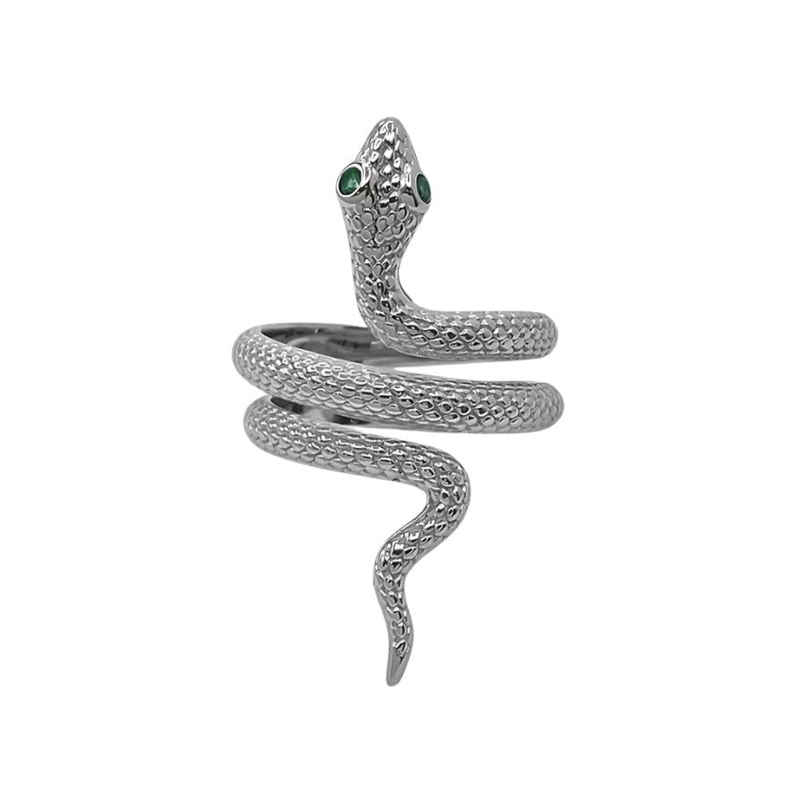 Silver Snake Spiral Ring with Emerald Eyes