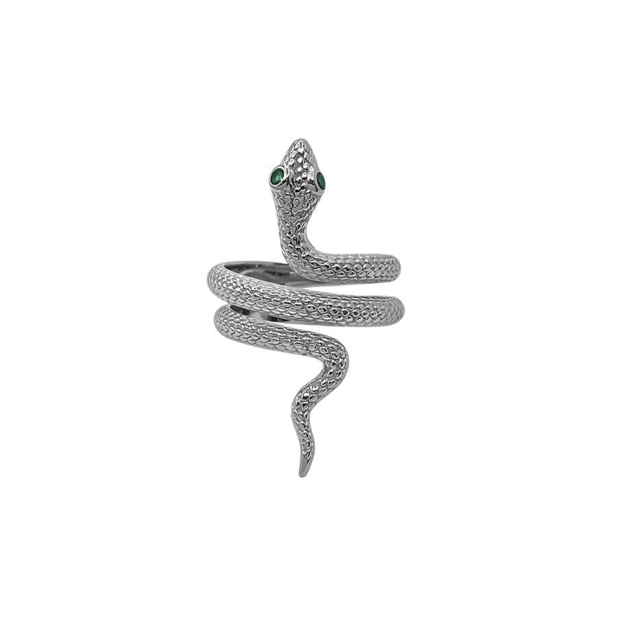 Silver Snake Spiral Ring with Emerald Eyes